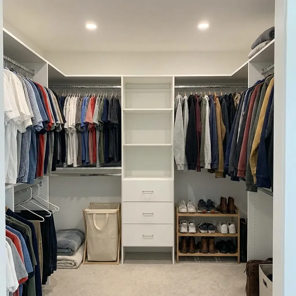 Small custom walk-in closet with white shelving, drawers and a shoe shelf