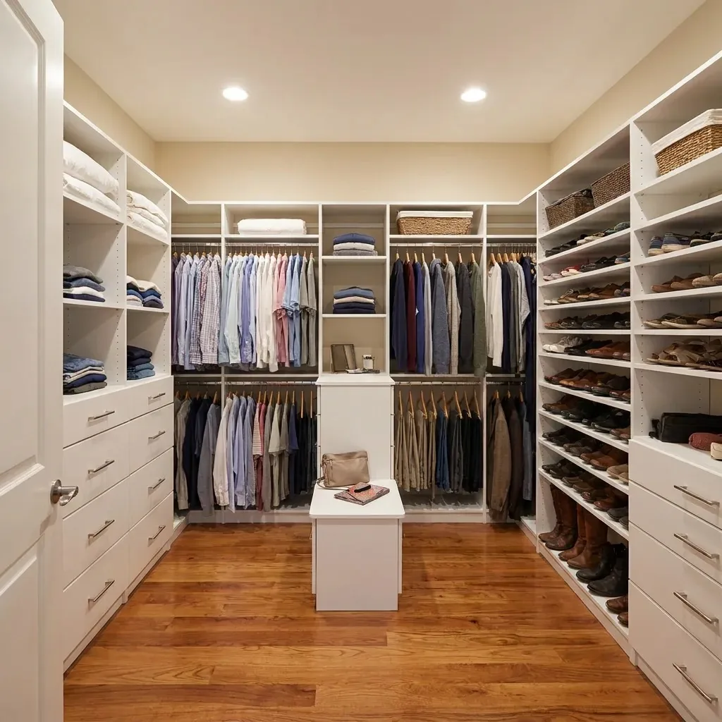 Custom white melamine walk-in closet with a center island, double-hang rods, drawers and a full wall of angled shoe shelves