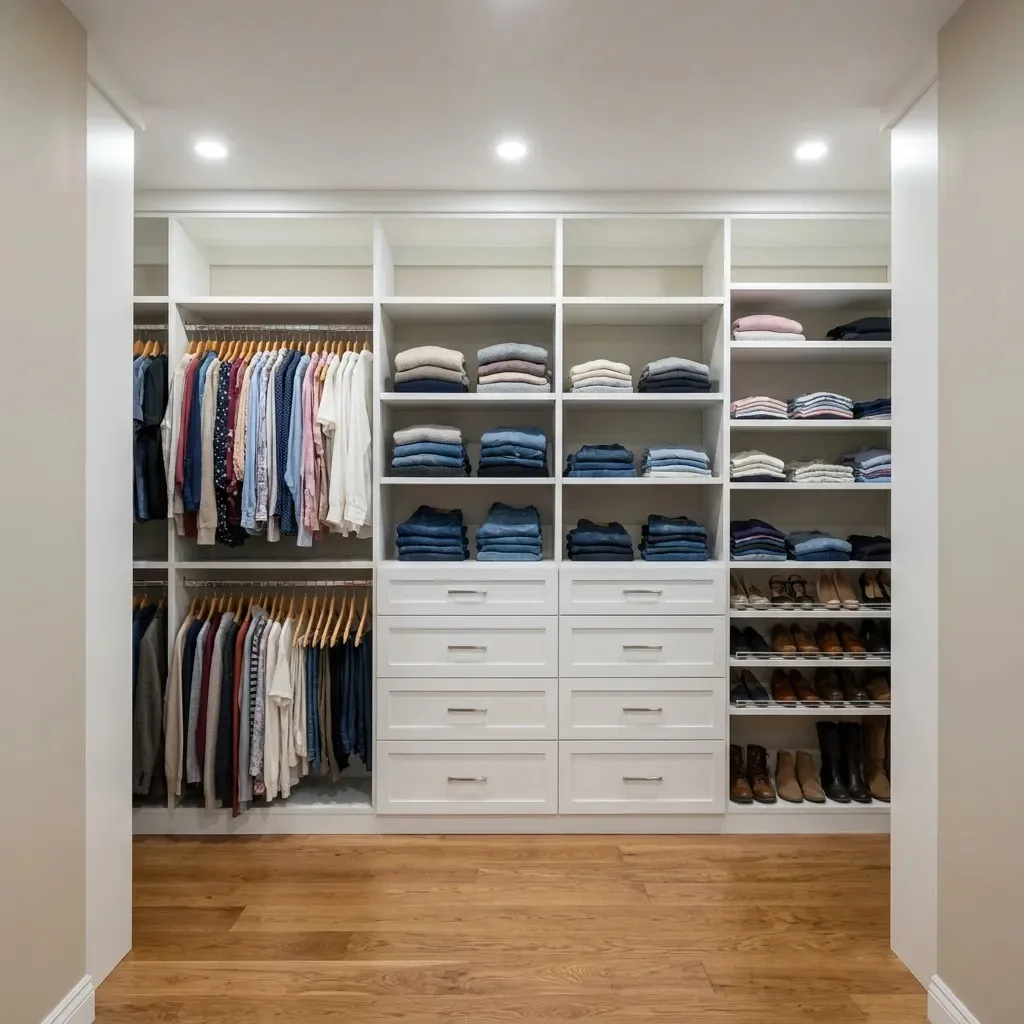 Wide custom white melamine walk-in closet with wall-to-wall shelving, double-hang rods, a bank of drawers and shoe shelves