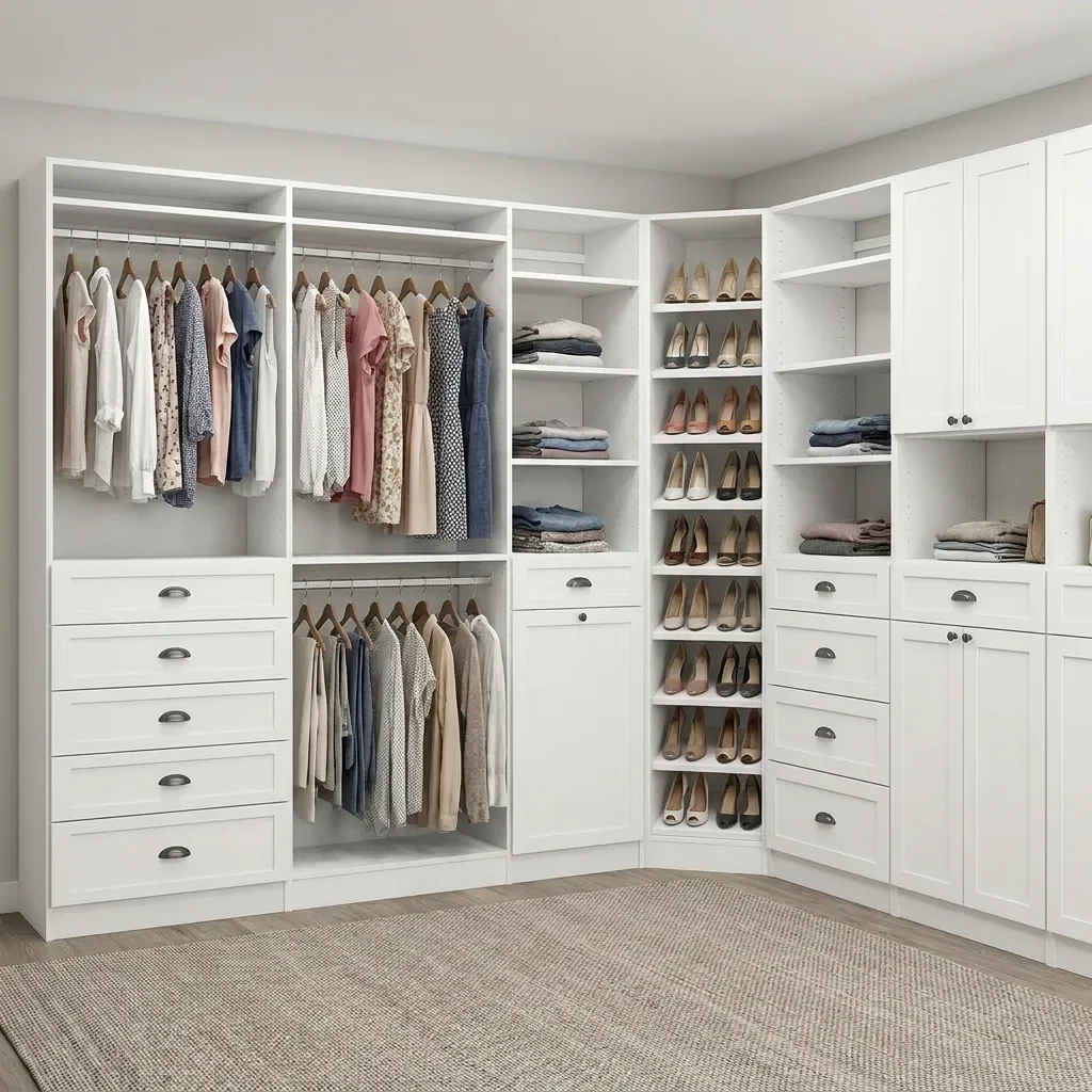 Large L-shaped all-white walk-in closet with shaker-style drawers and doors, long double-hang rods, a shoe column and women's dresses and heels