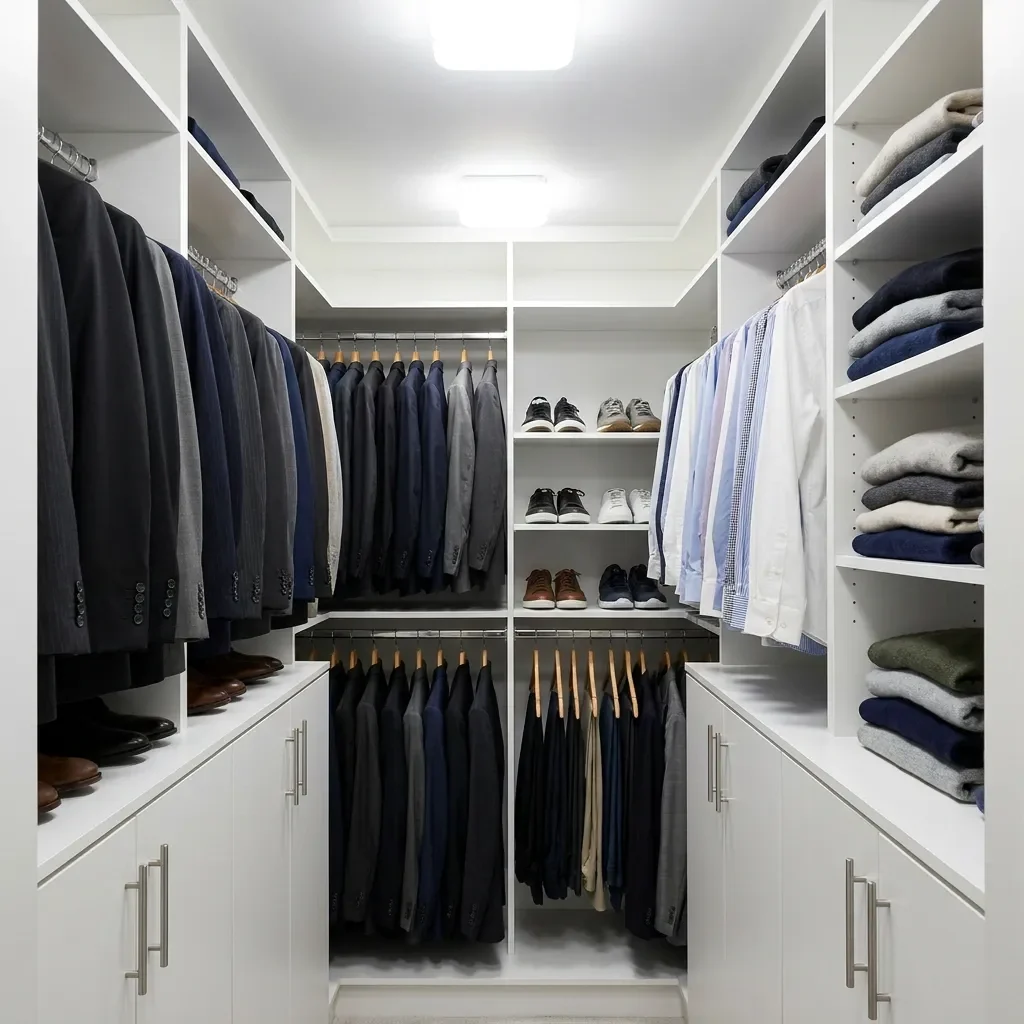 Small narrow galley all-white walk-in closet with floor-based cabinets, men's suits, dress shirts and sneakers
