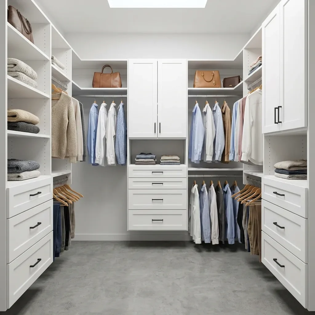 Medium U-shaped all-white wall-mounted walk-in closet with shaker-style doors, folded knits, hanging shirts and handbags