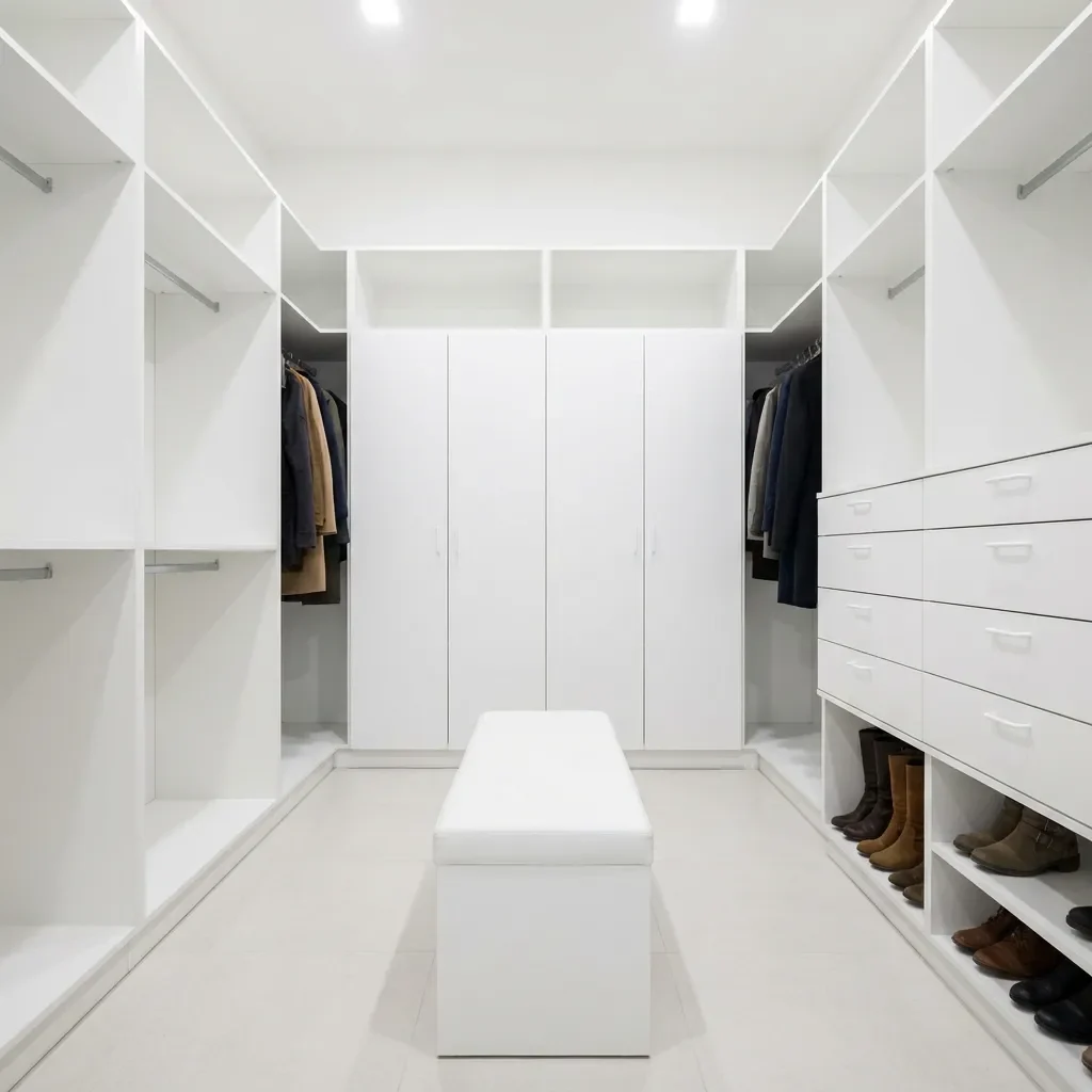 Large square all-white walk-in closet with a bench, long-hang coats and jackets, a bank of drawers and boots on low shelves