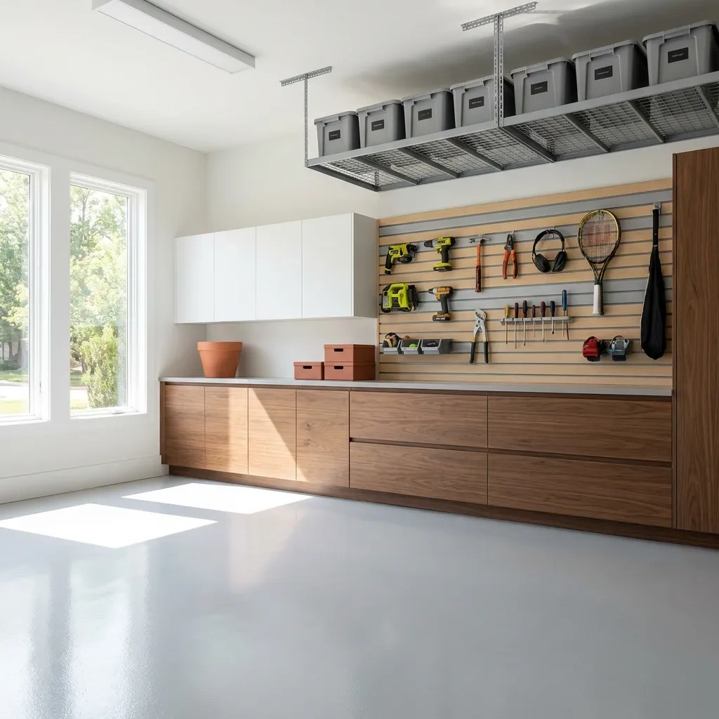 Custom garage storage system with cabinets, slatwall and overhead racks