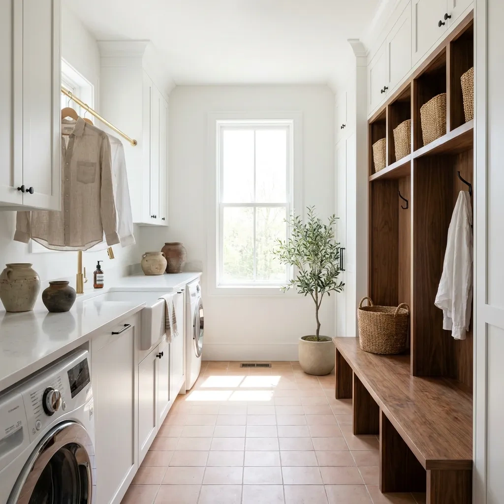 Custom laundry room and mudroom with cabinetry, folding counter and hooks