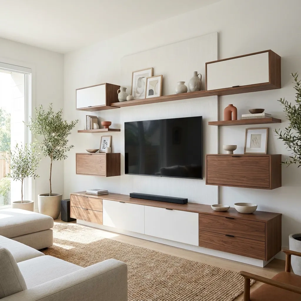 Custom built-in media center and wall unit around a mounted TV