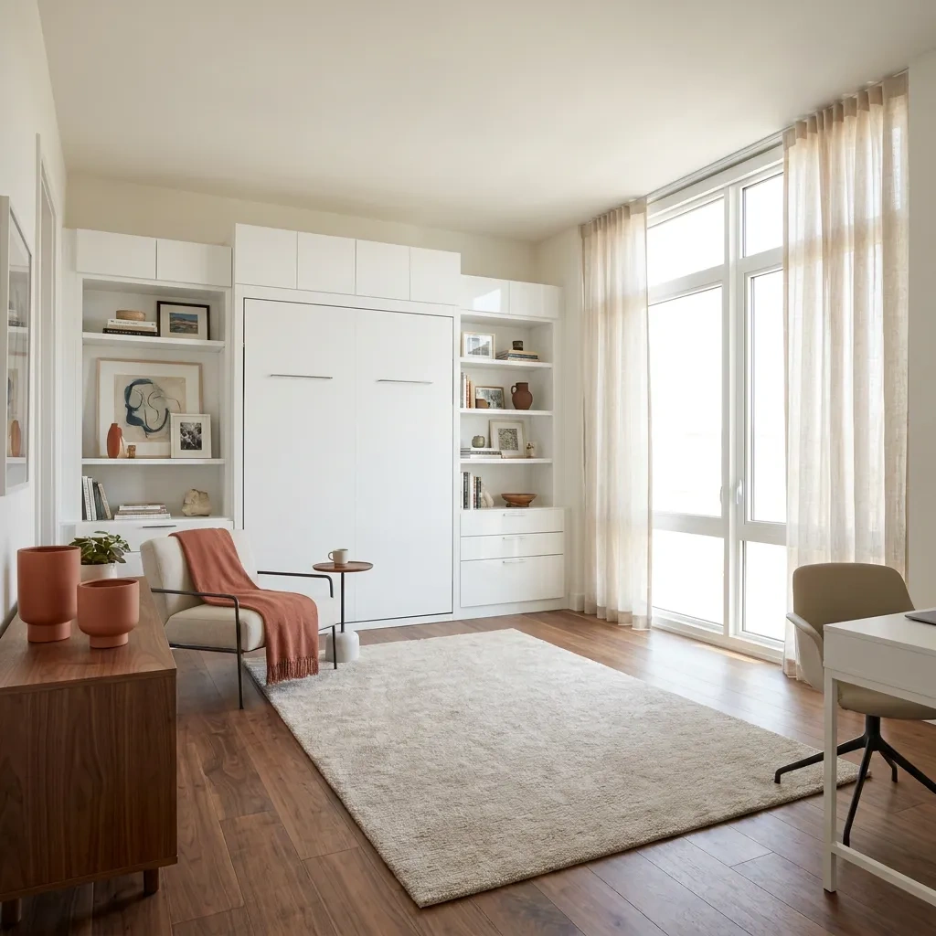 Wall bed Murphy bed integrated into custom cabinetry in a guest room
