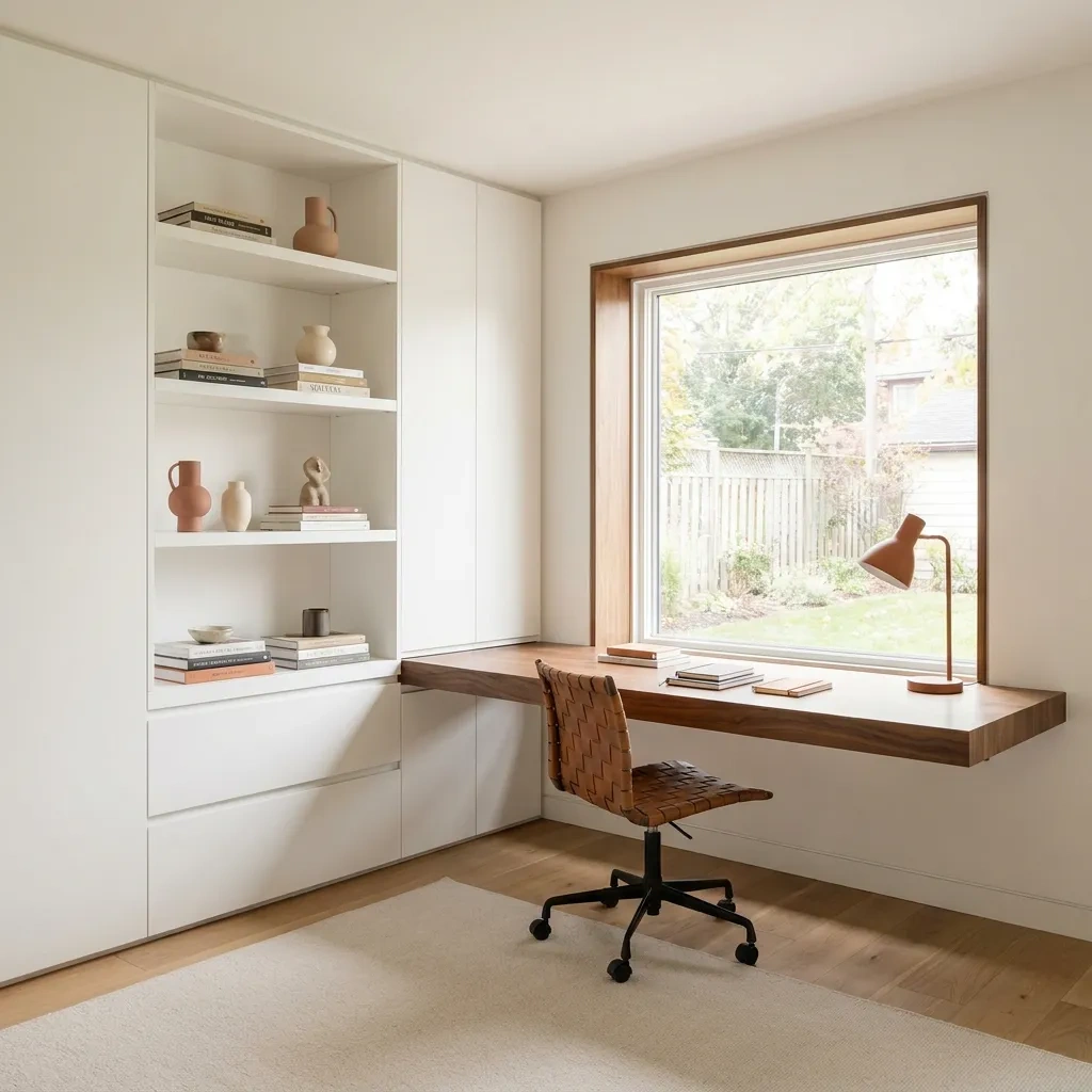 Custom home office with built-in cabinetry and floating desk
