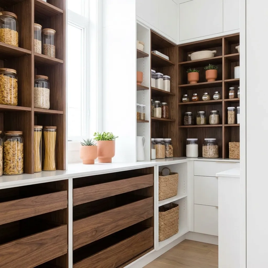 Custom kitchen pantry with adjustable shelving and pull-out drawers