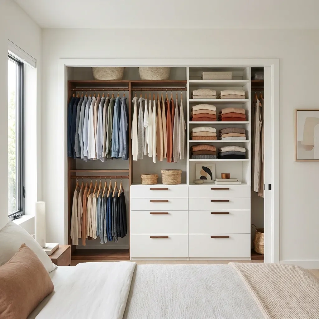 Custom reach-in closet system with double-hang rods, shelves and drawers