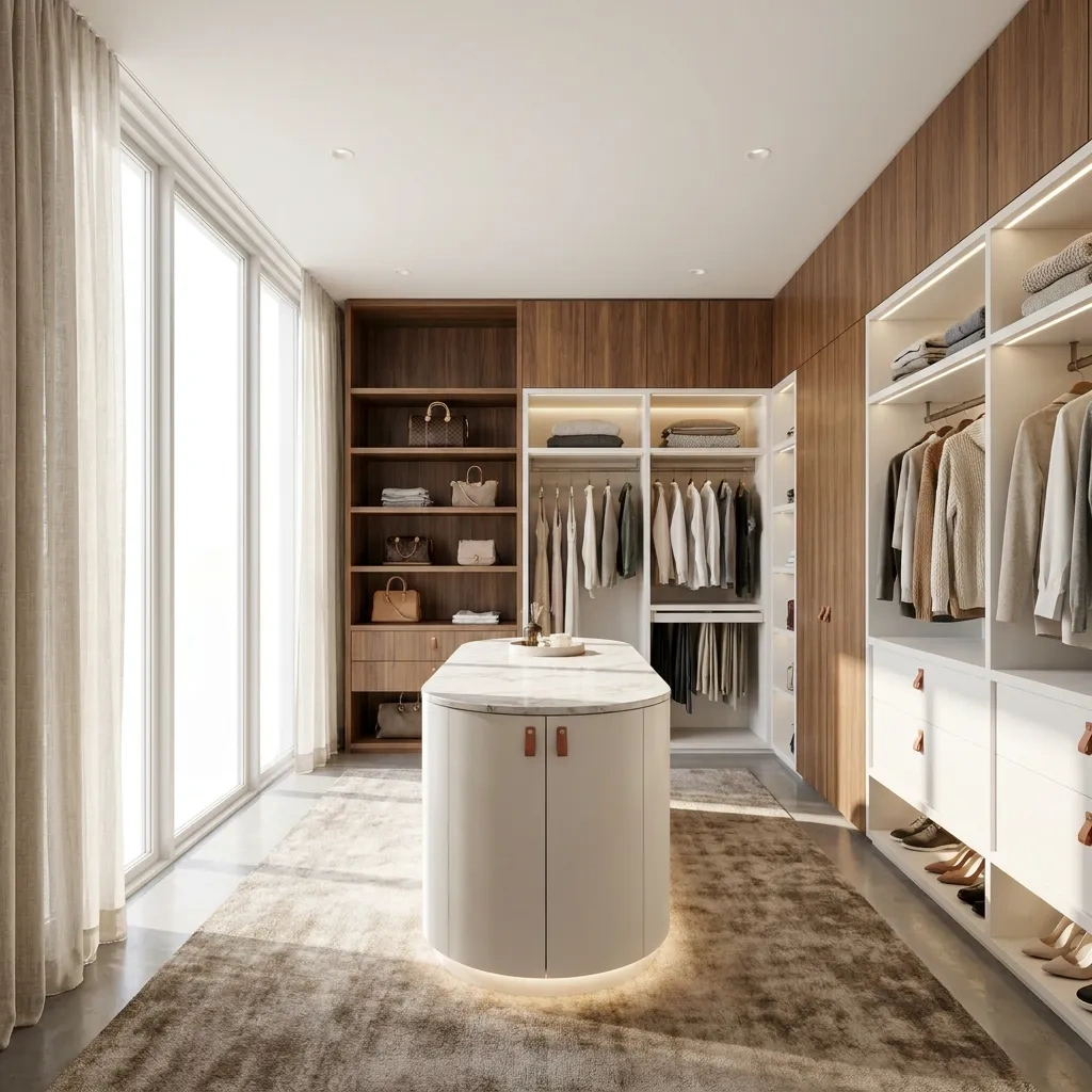 Custom walk-in closet with island and organized shelving